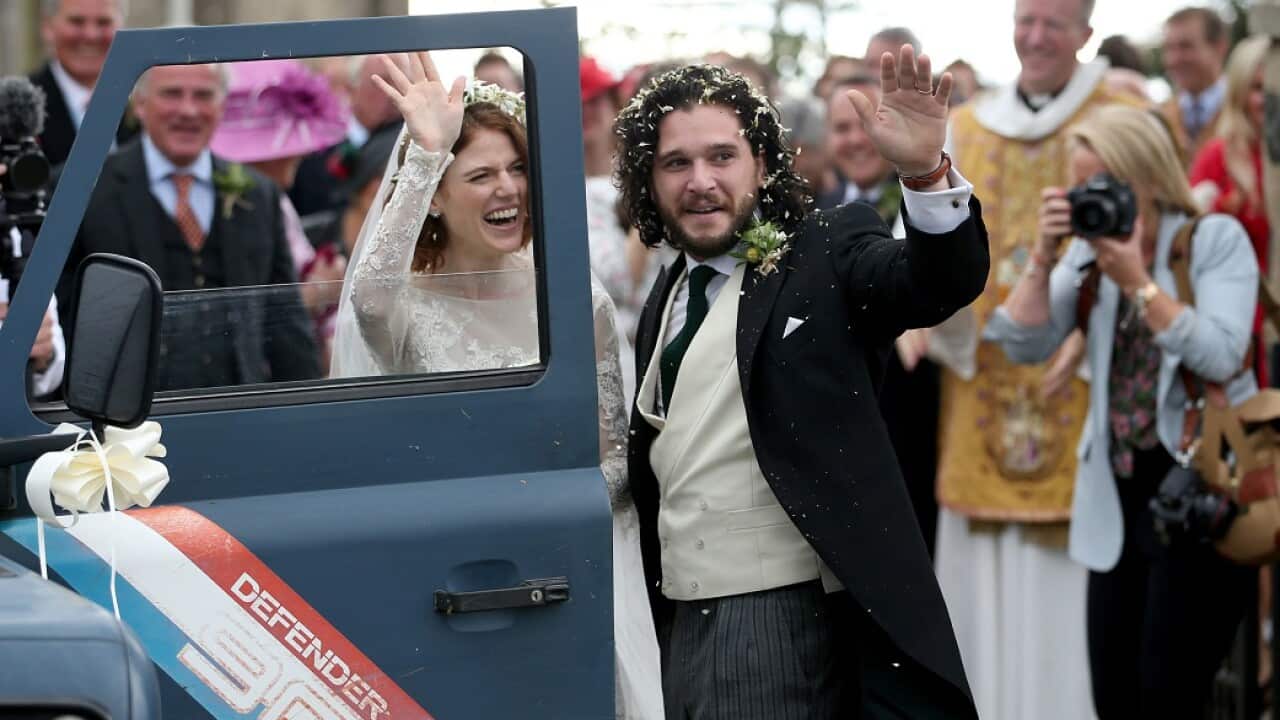Kit Harington and Rose Leslie at Rayne Church.