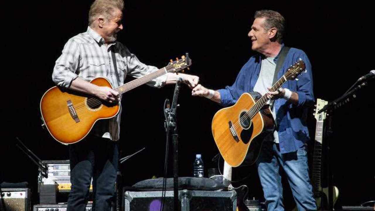 Don Henley and Glenn Frey of the famous US rock group 'The Eagles' perform at Rod Laver Arena, February 22, 2015.