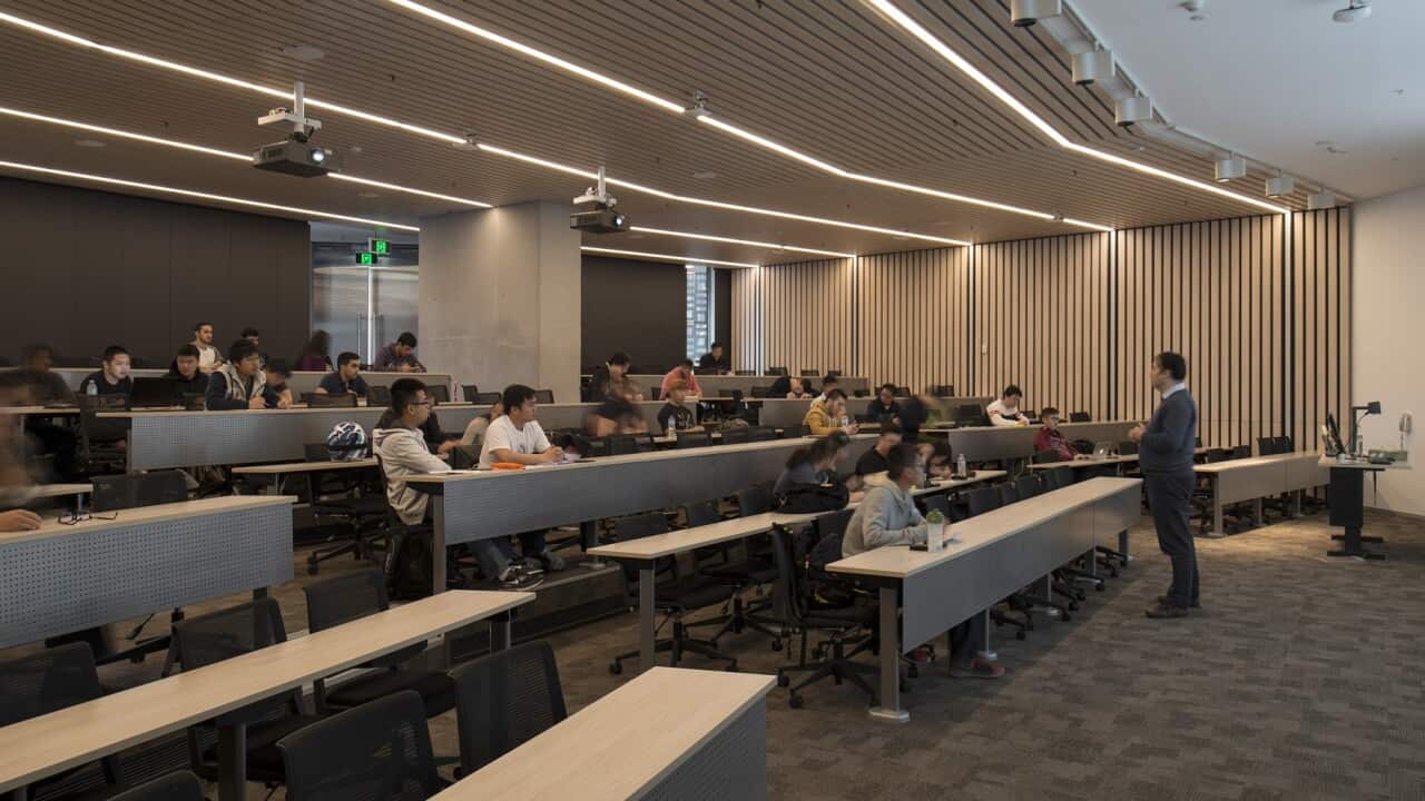 Lecture theatre. Faculty of Engineering + Information Technology, University of Technology Sydney, Sydney, Australia. Architect: Denton Corker Marshall LLP, 2014.
