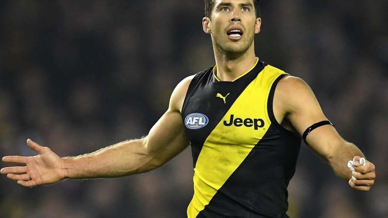 A file image of Alex Rance of the Tigers gesturing during a game.