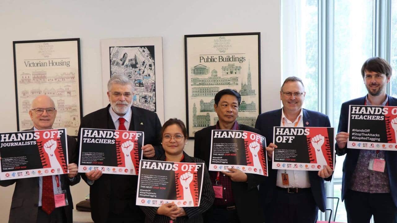 Photo with Sen Kim Carr, Peter Murphy of Philippines Australia Union Links (PAUL) and Tom Reddington (APHEDA - Union Aid Abroad) – Protecting Filipino workers