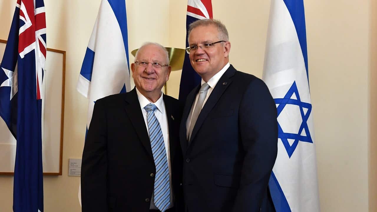 Israel's President Reuvin (Ruvi) Rivlin and Australia's Prime Minister Scott Morrison at Parliament House in Canberra, Wednesday, February 26, 2020. (AAP Image/Mick Tsikas) NO ARCHIVING