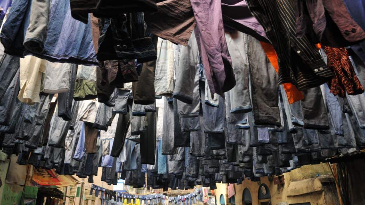 Used pairs of jeans are hung to dry before on March 29,2017 in Kolkata, India.