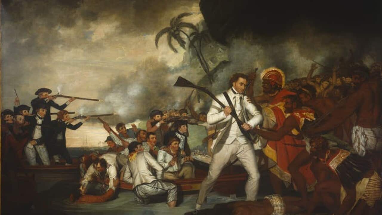 ‘Death of Captain Cook’ by George Carter. 1781. Oil on canvas. The painting depicts the killing of Cook during a skirmish with Hawaiians on his third Pacific voyage in 1779. National Library of Australia collection.