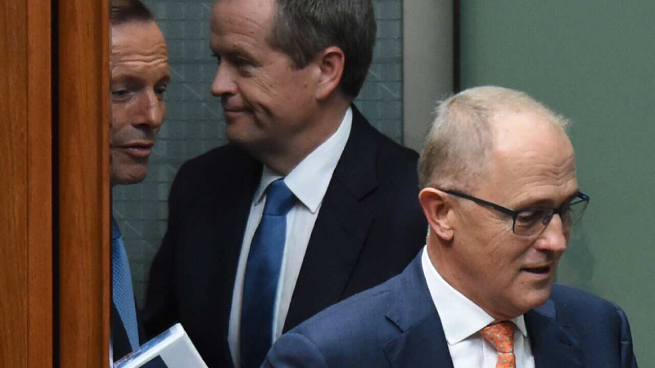 Tony Abbott (left), Bill Shorten (centre) and Malcolm Turnbull (right)