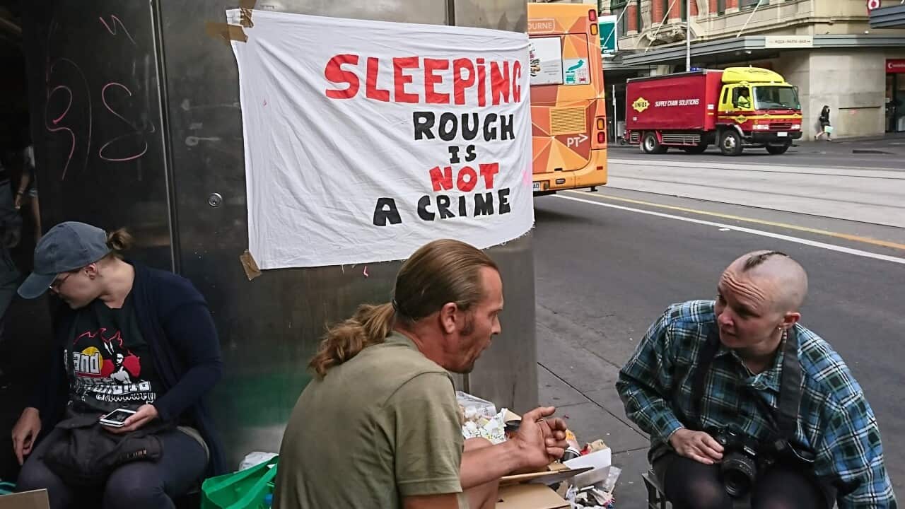 (File Image) Protesters at a homeless camp outside Melbourne’s Flinders Street in February 2017.