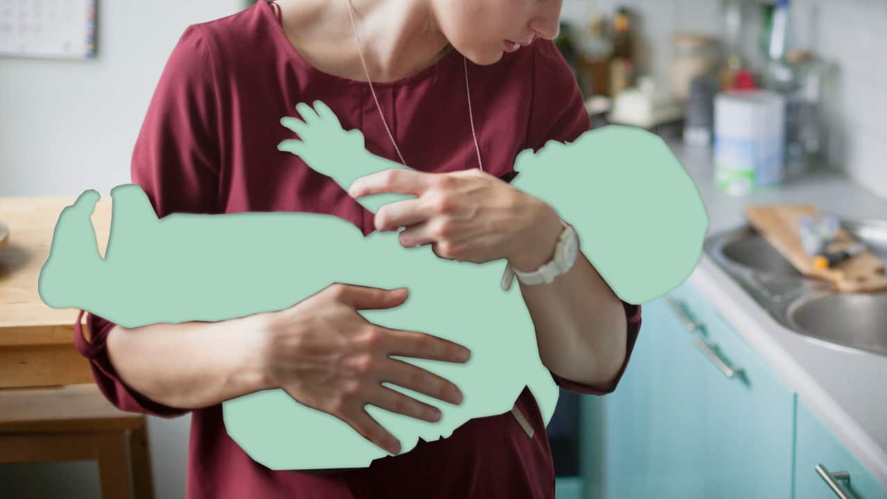 Graphic of caucasian woman holding baby but the baby has been cut out of the image