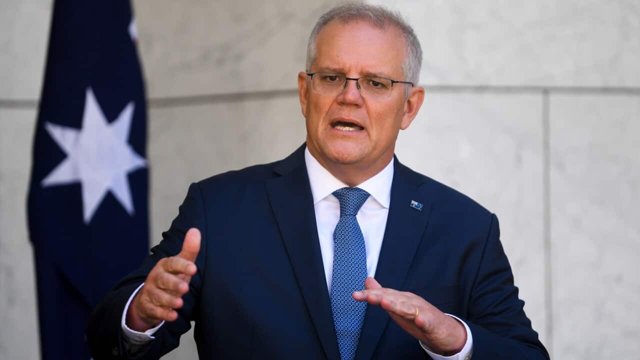 Australian Prime Minister Scott Morrison speaks during a press conference at Parliament House in Canberra, Monday, January 10, 2022.