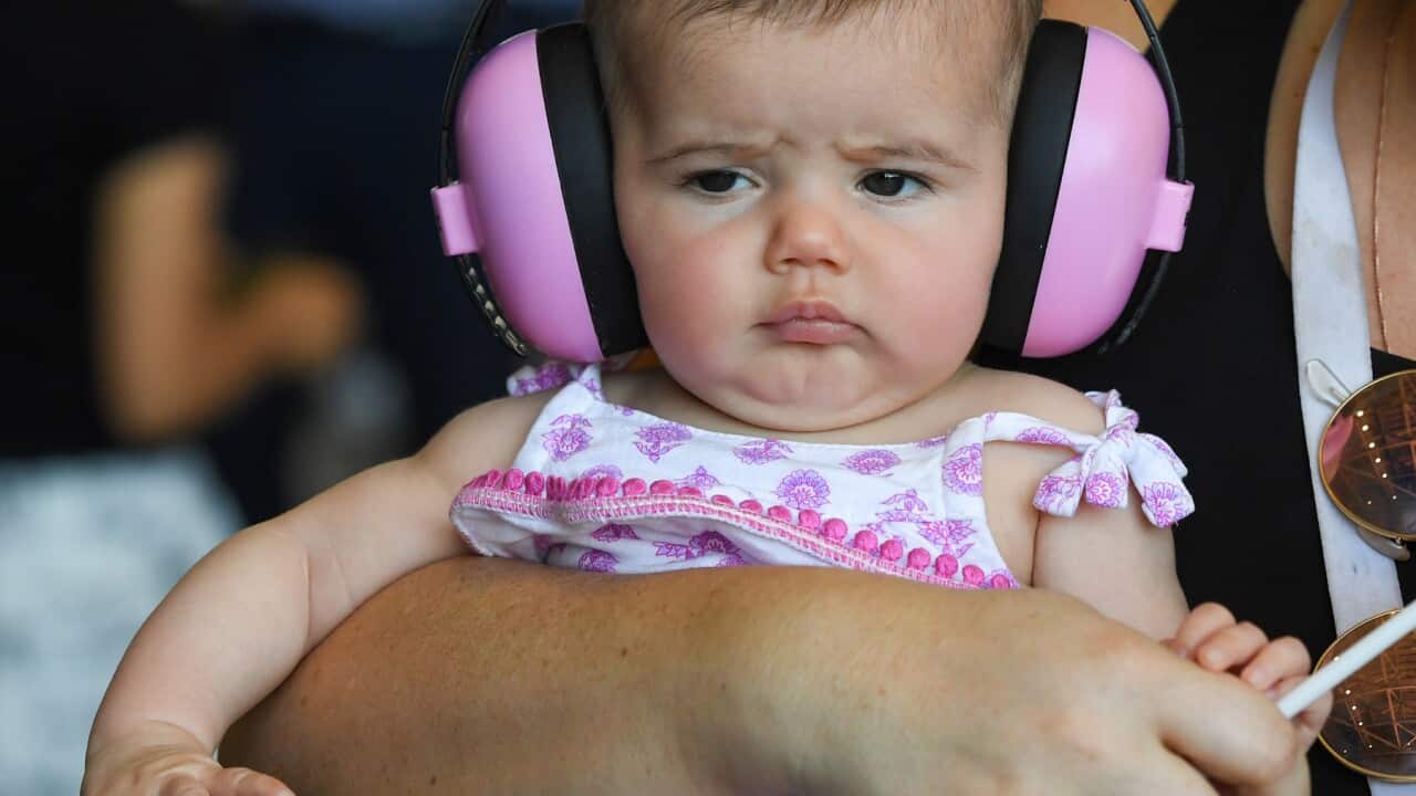 A baby wearing ear protection