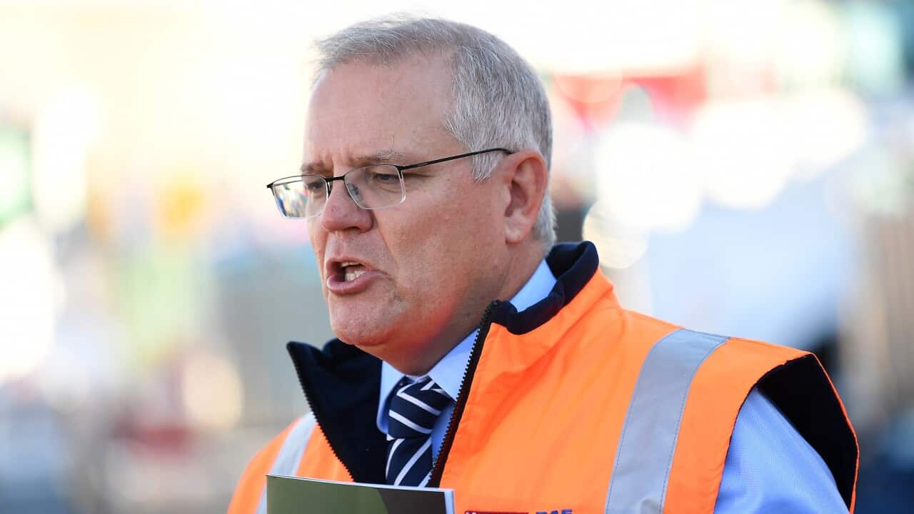 Australian Prime Minister Scott Morrison speaks to media during a press conference following a visit to PACCAR Australia in Melbourne, Wednesday, May 19, 2021. (AAP Image/James Ross) NO ARCHIVING