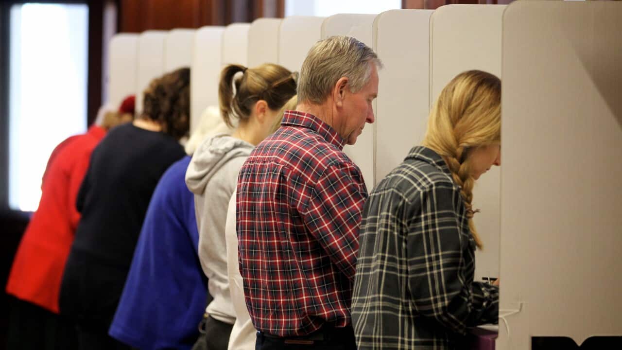 Members of the public are separated by white cardboard partitions at a polling booth.