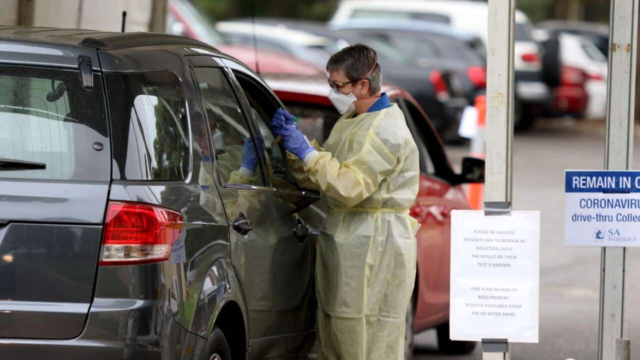 A nurse takes a sample at a drive-in coronavirus testing station in Adelaide