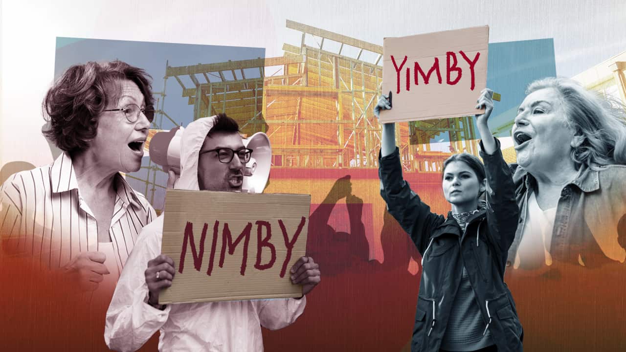 A collage image of people shouting at each other with signs that say YIMBY and NIMBY