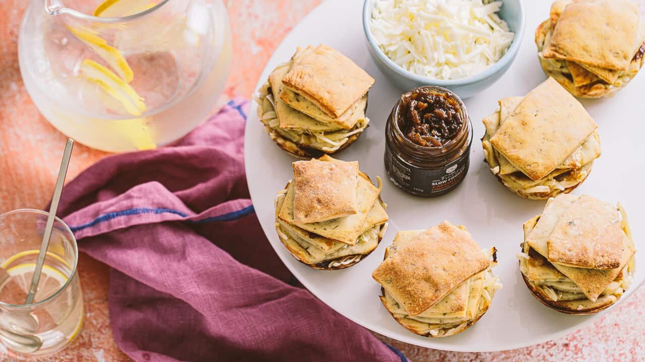 Cheese and onion jam bread stacks