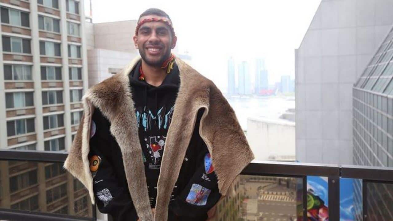 Jack Collard in his booka (Kangaroo cloak) in NY doing an UN training program pre-PFII (Permanent Forum on Indigenous Issues), April 2019.