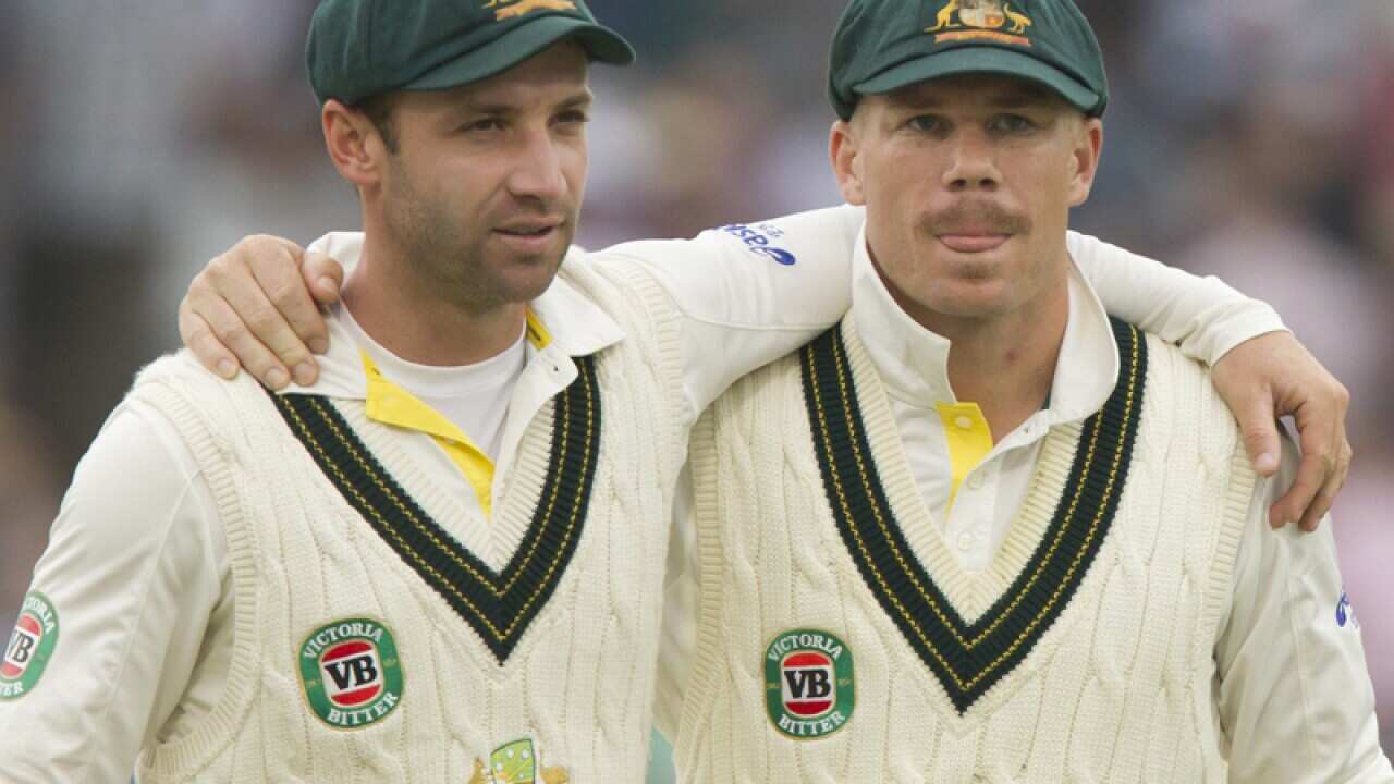 David Warner (R) and the late Phillip Hughes