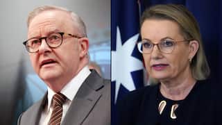 A split-screen image shows side-by-side headshots of Prime Minister Anthony Albanese on the left and Opposition leader Sussan Ley on the right.
