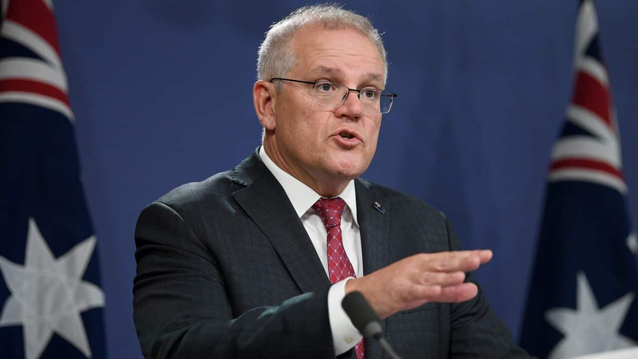 Prime Minister Scott Morrison addresses media during a press conference in Sydney, Tuesday, April 27, 2021. (AAP Image/Dan Himbrechts) NO ARCHIVING