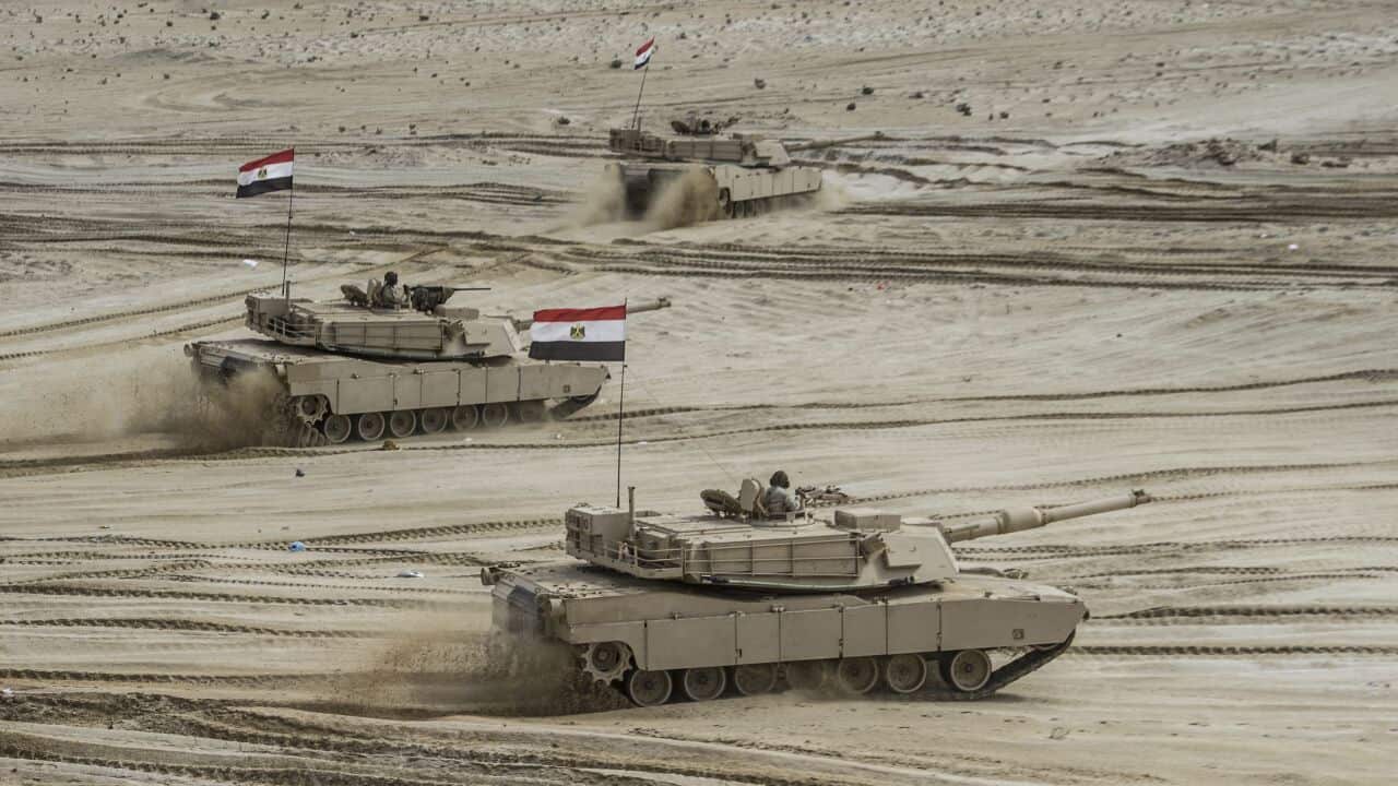 Egyptian tanks take part in the Arab Shield joint military exercises at Mohamed Naguib military base in El-Hamam near the Mediterranean coast