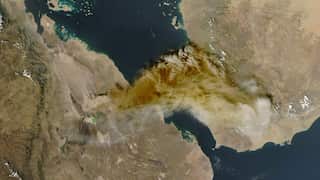 A satellite image of volcanic ash after an eruption in Ethiopia.