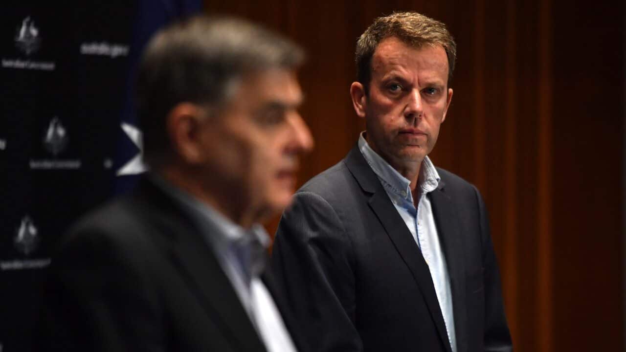 Chief Medical Officer Professor Brendan Murphy and Minister for Education Dan Tehan speak to the media at a press conference at Parliament House in Canberra, Sunday, April 12, 2020. (AAP Image/Mick Tsikas) NO ARCHIVING