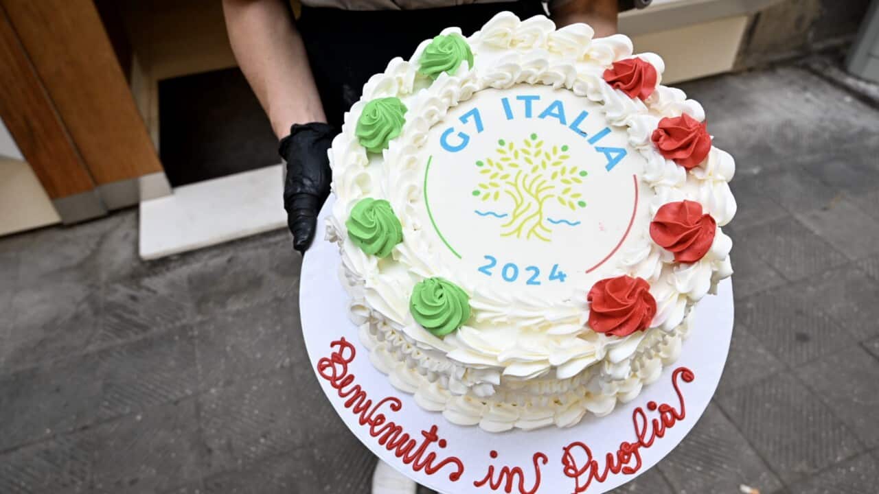 A cake prepared by the Isa pastry shop to welcome the participants of the Group of Seven summit to Puglia, in Bari.