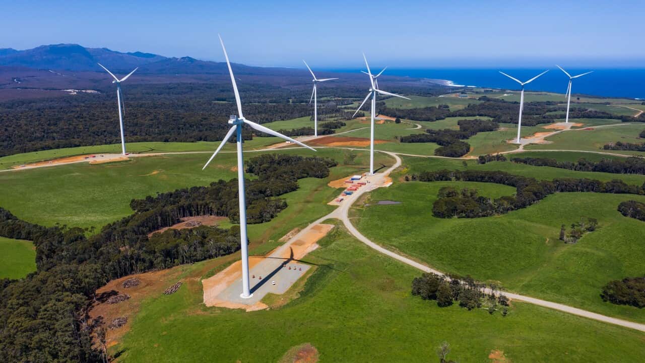 A supplied image obtained on Friday, November 27, 2020, of a wind farm in Tasmania. Tasmania is officially running entirely on renewable energy after two wind turbines at Granville Harbour on state's remote west coast were connected to the grid. (AAP Ima