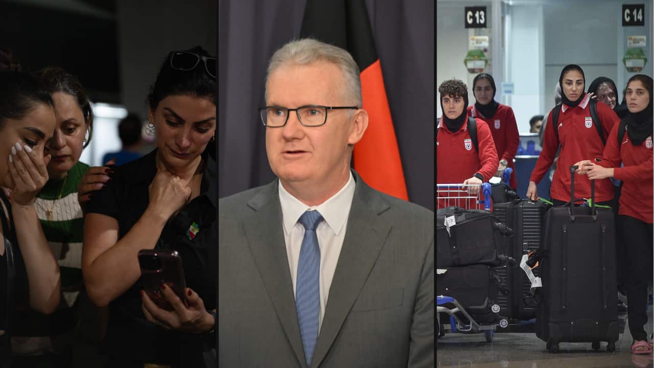Three-panel image: distressed women looking at a phone, a man speaking at a lectern, and women in red tracksuits with luggage at an airport.
