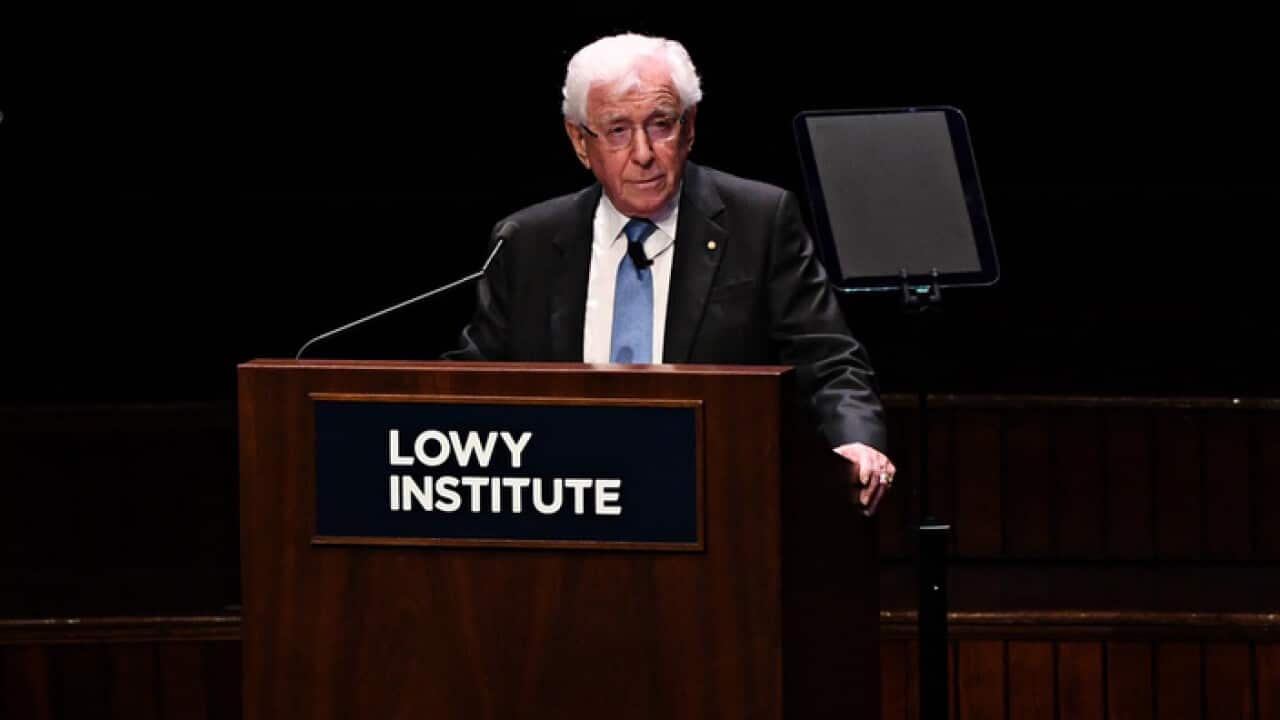 Lowy Institute Chairman, Sir Frank Lowy AC is seen delivering a lecture as part of a Lowy Institute lecture and dinner, held at Town Hall, in Sydney, Thursday, September 13, 2018. (AAP Image/Danny Casey) NO ARCHIVING