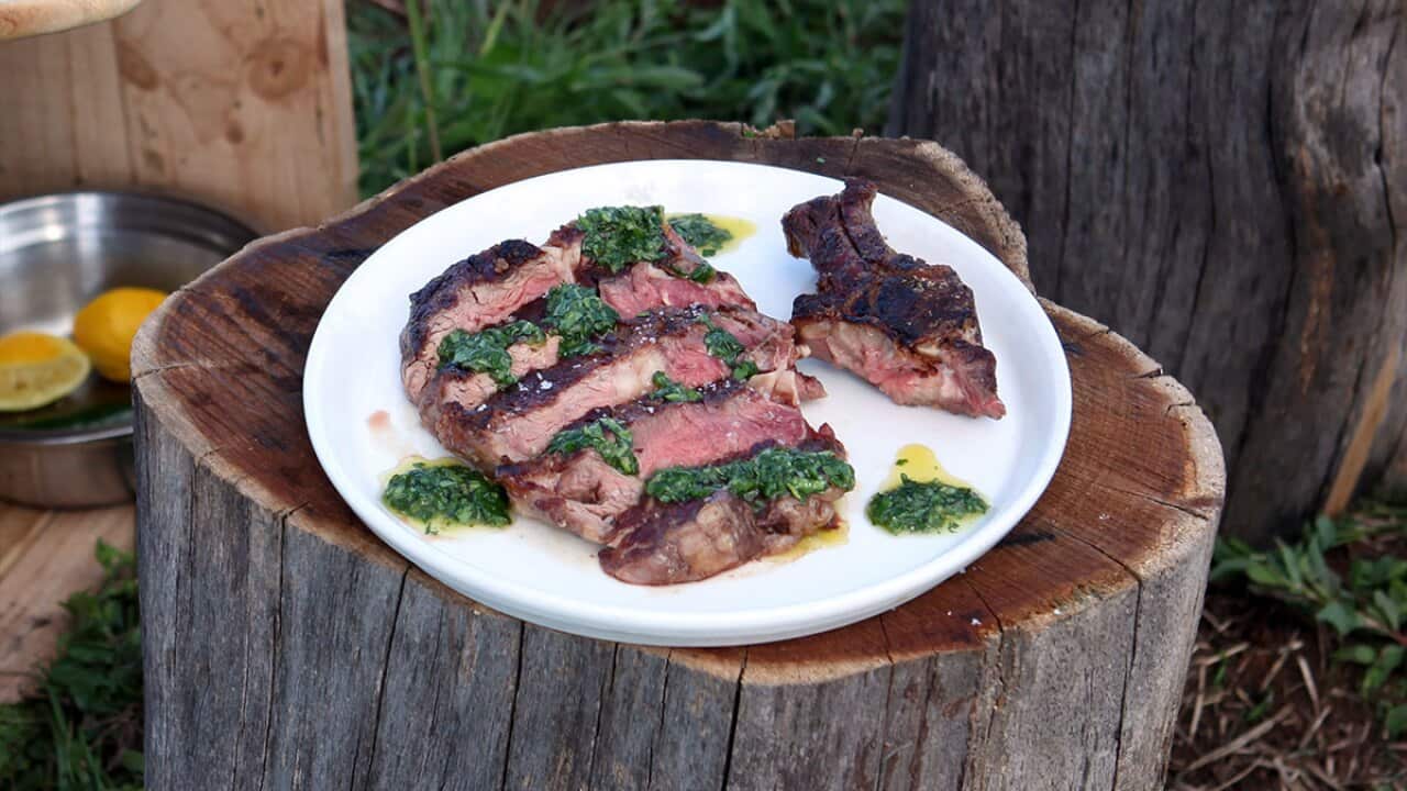 Barbecued rib-eye with chimichurri