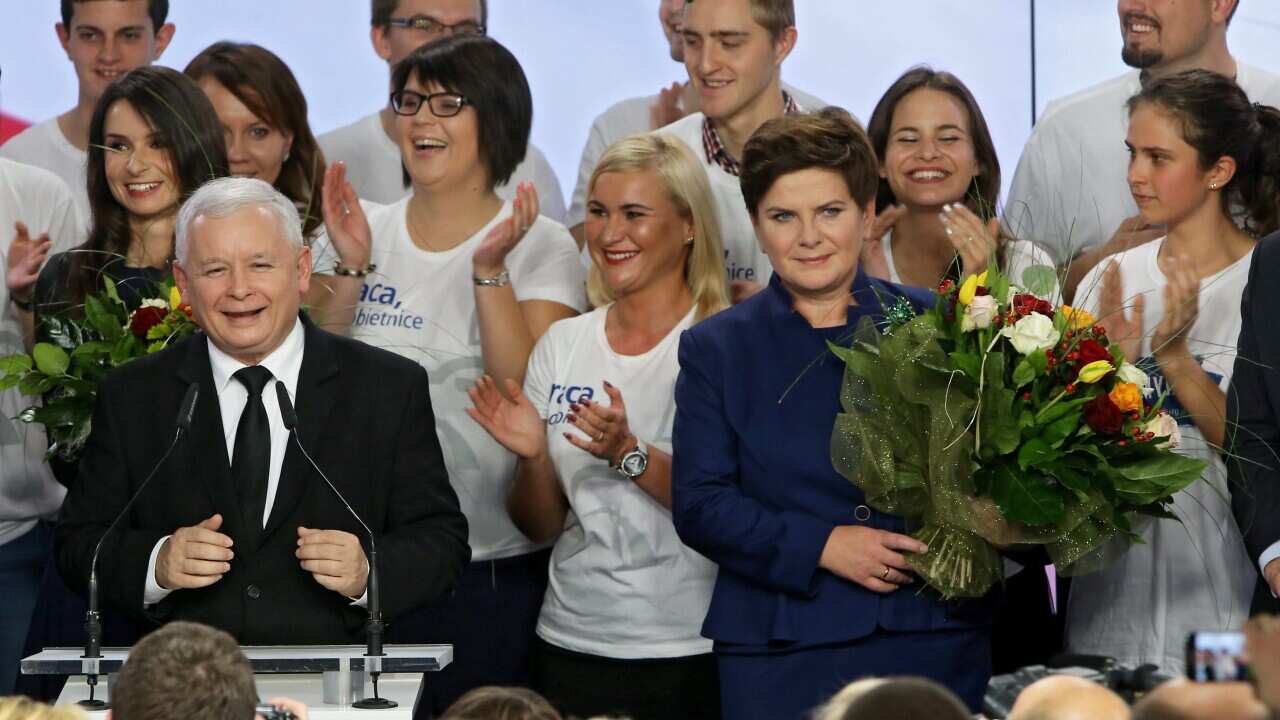 Conservative Law and Justice (PiS) leader Jaroslaw Kaczynski (L) with Law and Justice candidate for the Prime Minister Beata Szydlo (R)