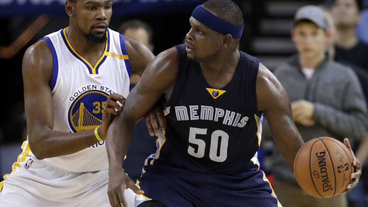 Grizzlies' Zach Randolph (50) and Warriors' Kevin Durant