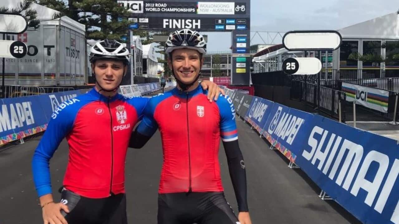 Serbian cyclists Mihajlo Stolic and Ognjen Ilic pose for a photo during World Championship in Wollongong