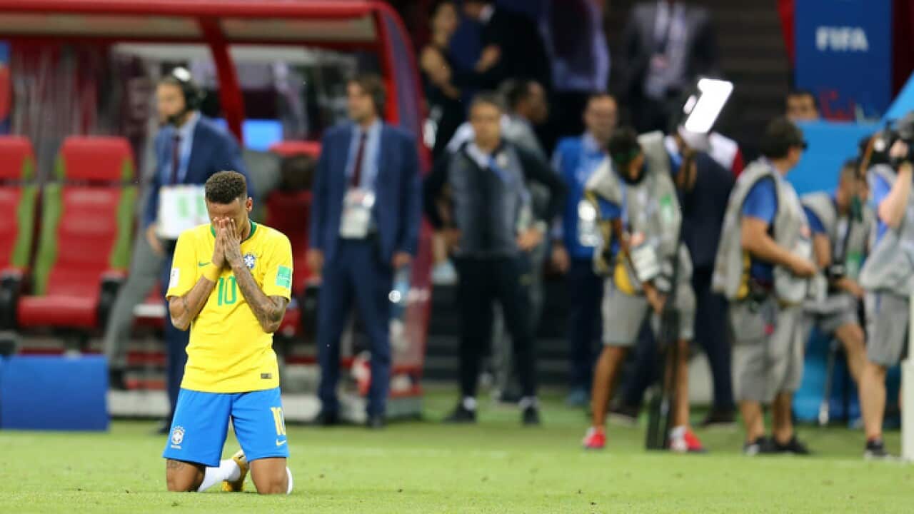 Brazilian star Neymar disconsolate, as his side is eliminated from the World Cup (Getty)