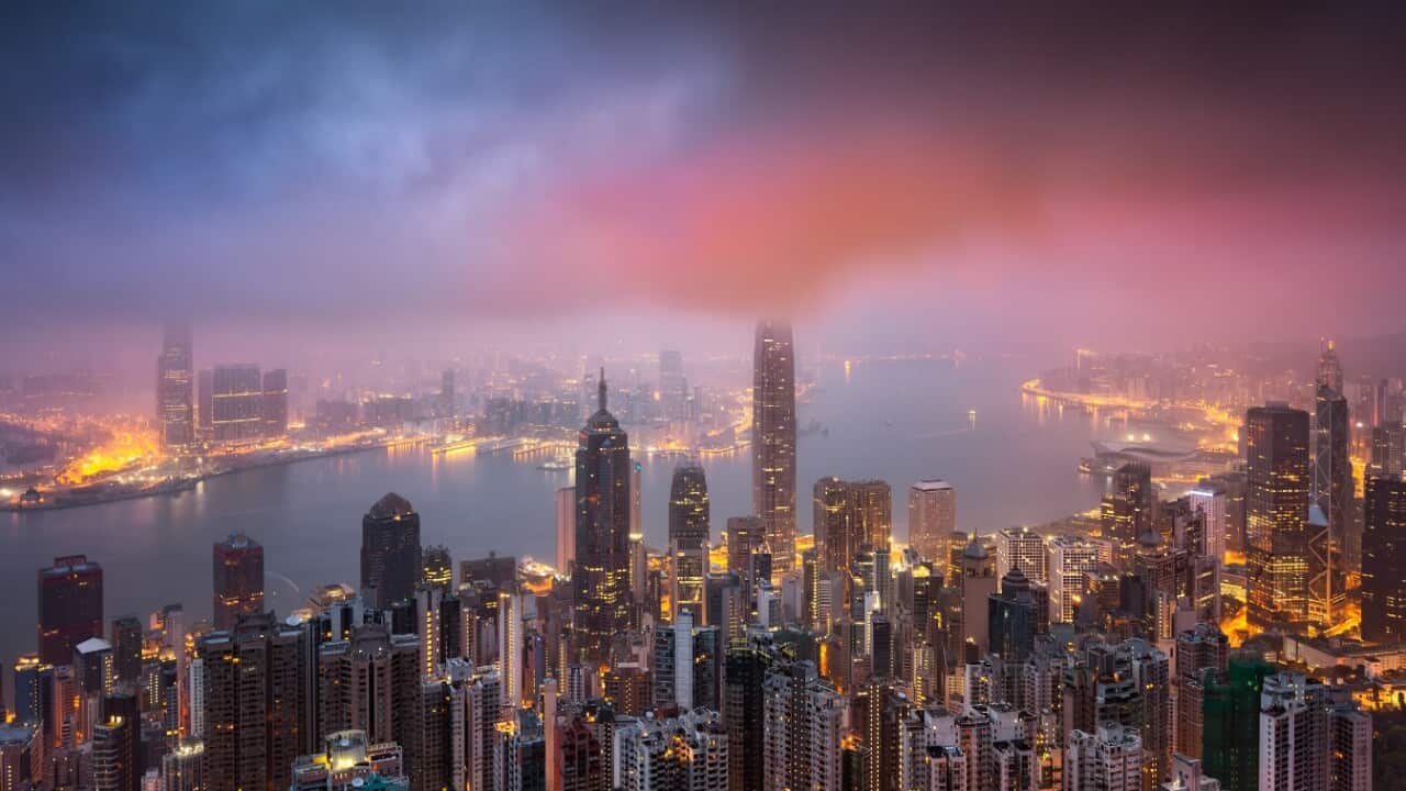 Night view of skyscrapers and high-rise buildings in Central along the Victoria Harbor in Hong Kong, China, 17 April 2017.
