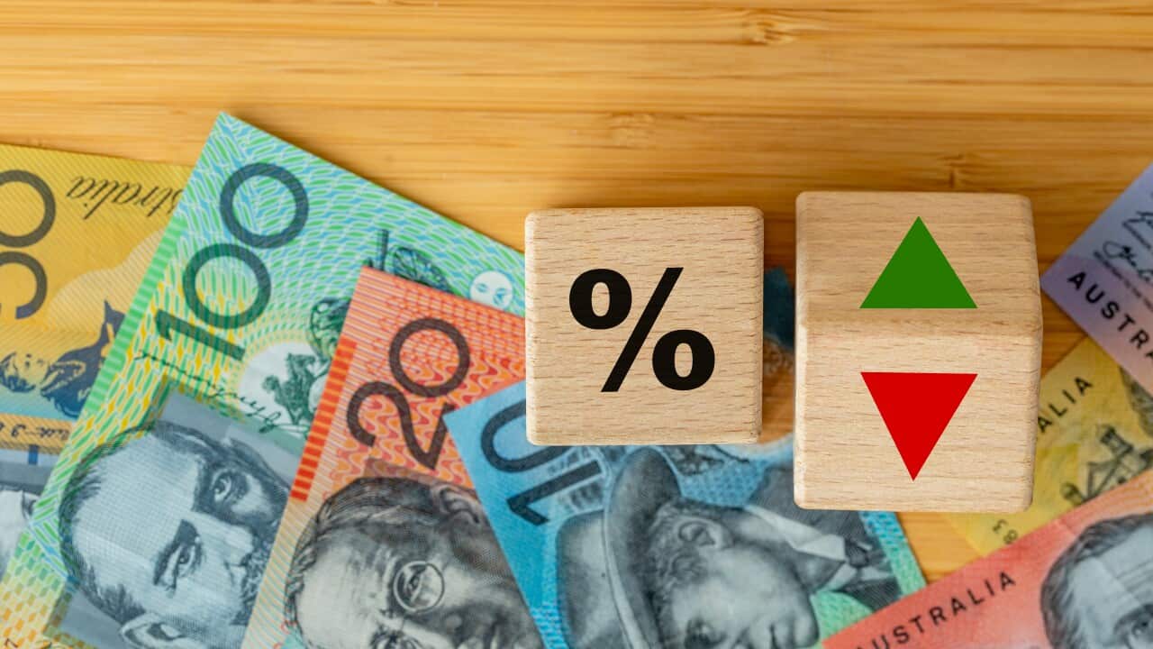 Wooden blocks with bank interest rate percent of bank with Australian dollars, Financial analysis, crisis project or economic growth concept. Australia money, close up, Flat lay background