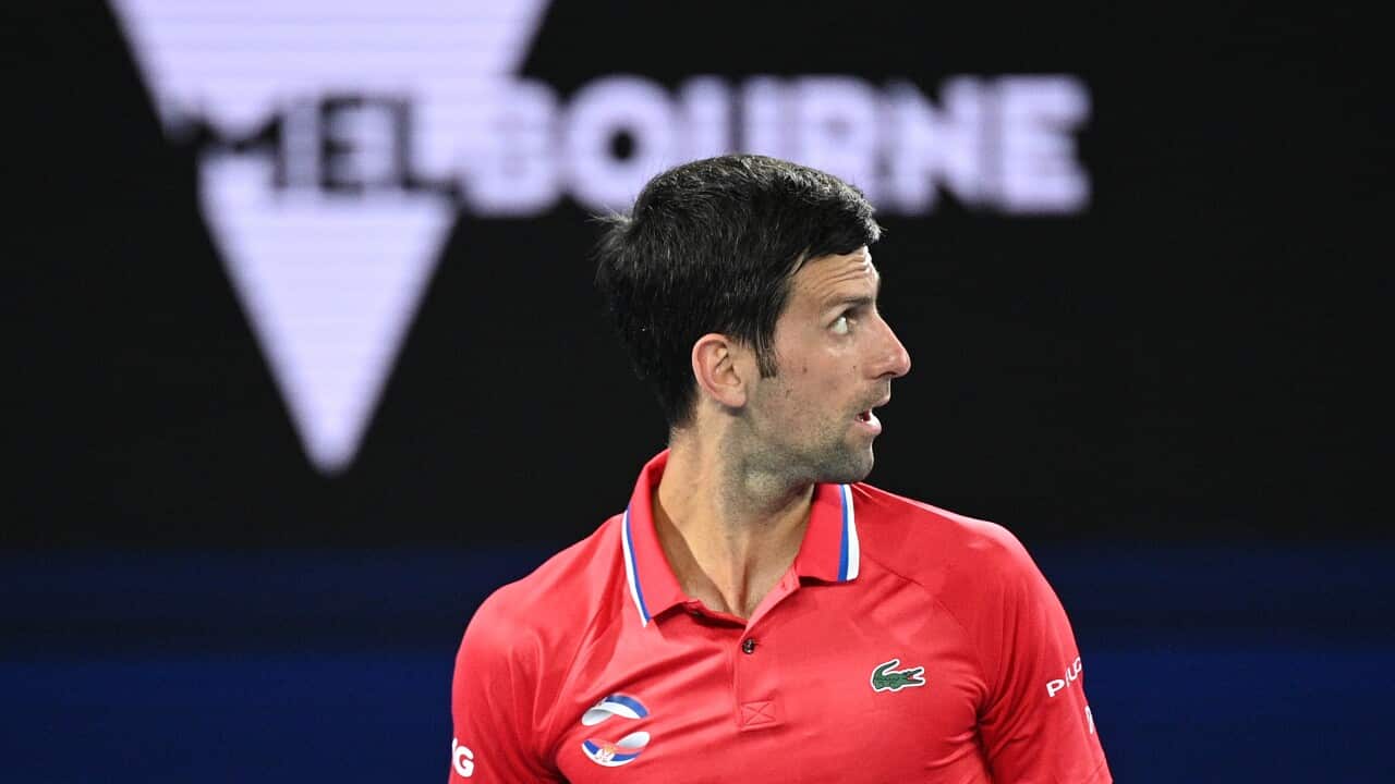 Novak Djokovic of Serbia reacts during the ATP Cup against Alexander Zverev of Germany at Melbourne Park in Melbourne, Friday, February 5, 2021. (AAP Image/Dean Lewins) NO ARCHIVING, EDITORIAL USE ONLY