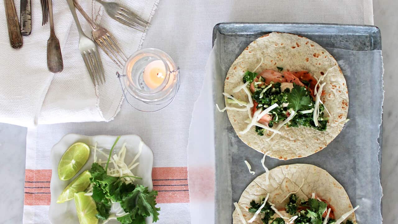 Hotsmoked salmon tacos with chipotle crema and kale verde SBS Food