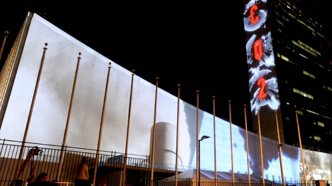 A light show projected on the site of the UN headquarters