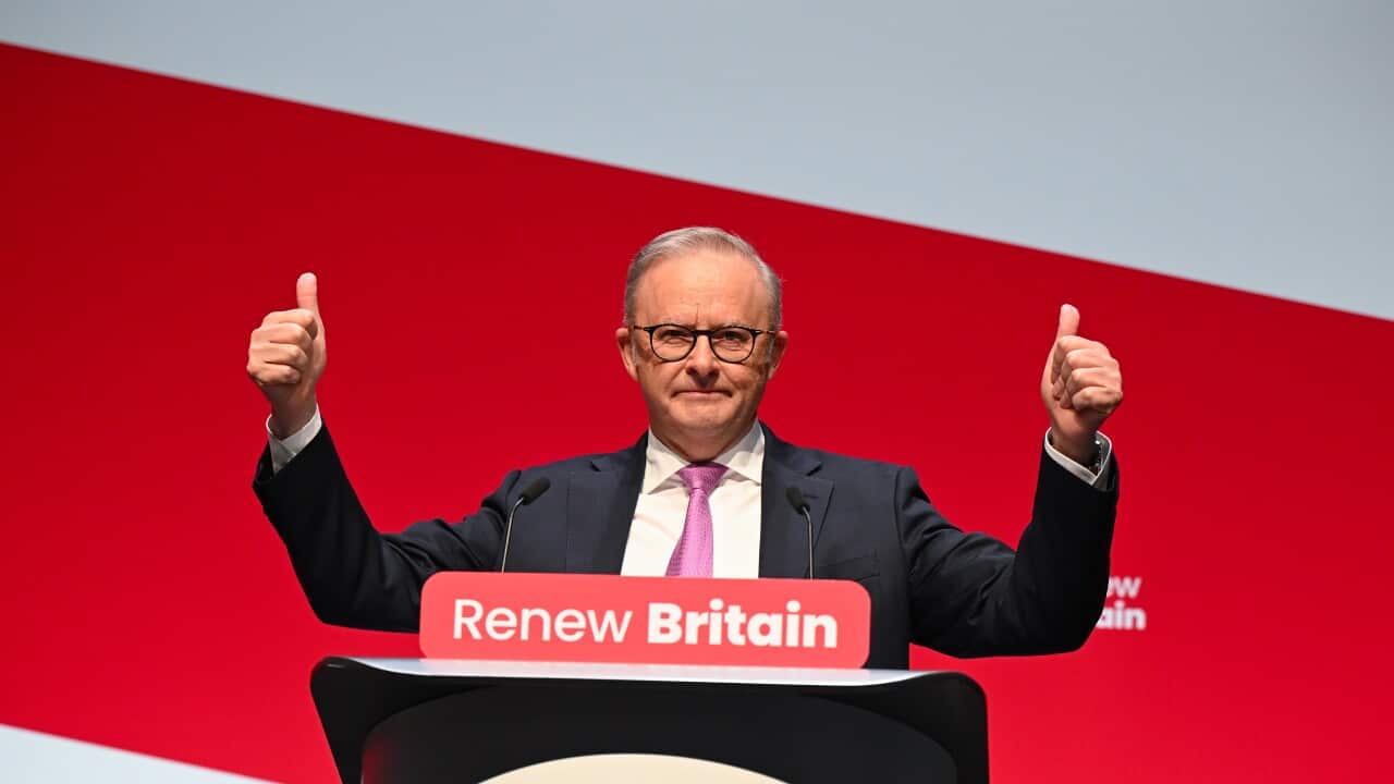 Australian Prime Minister Anthony Albanese delivers a speech at the UK Labour Annual Conference in Liverpool, United Kingdom, Sunday, September 28, 2025