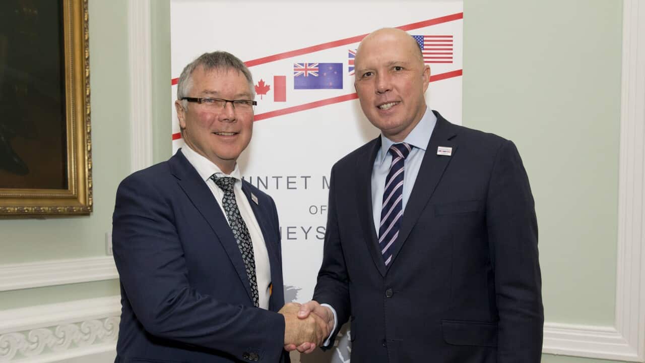 Home Affairs Minister Peter Dutton meets with New Zealand Attorney General David Parker during the Quintet Meeting of Attorneys General in Westminster.