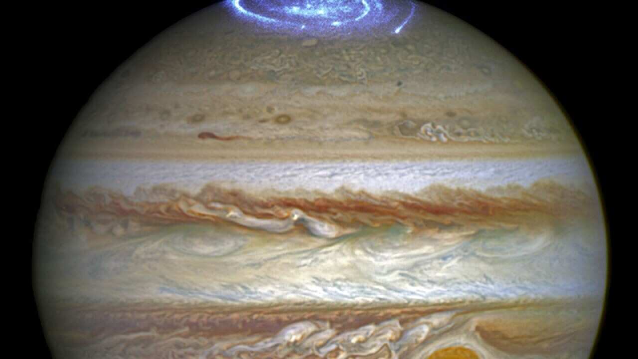 This image provided by NASA illustrates auroras on the planet Jupiter