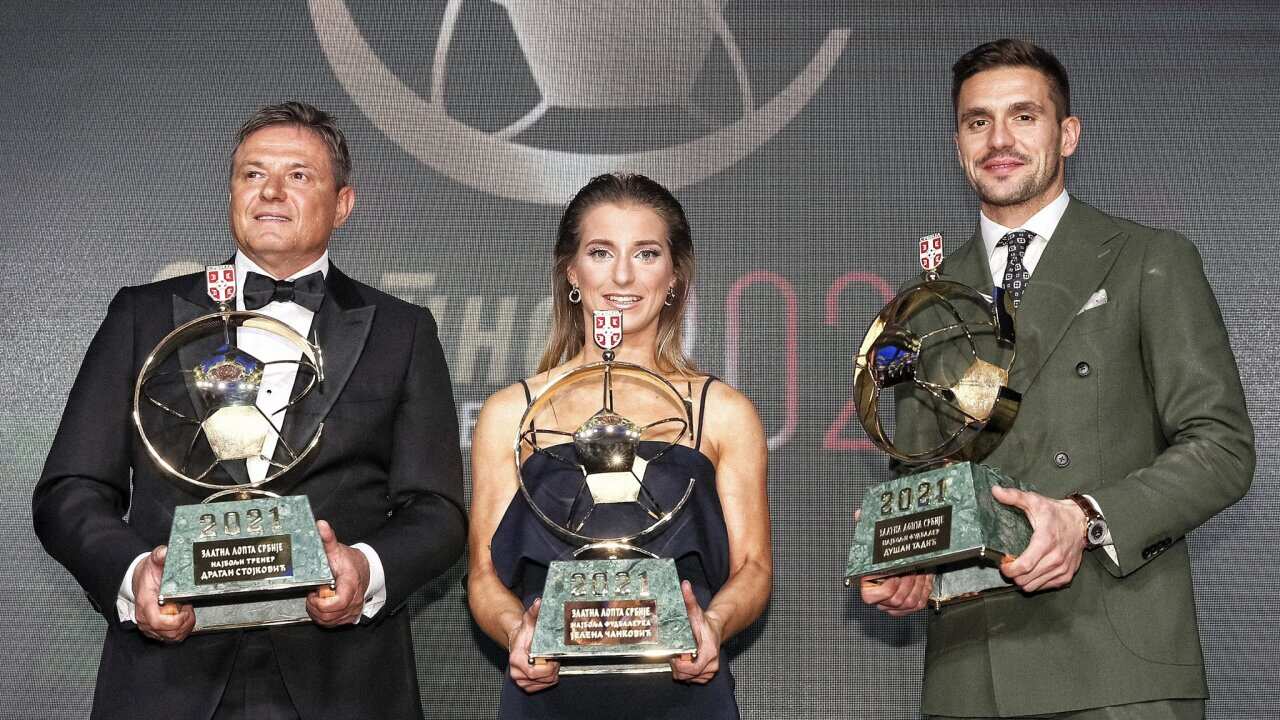 Dragan Stojkovic, Jelena Cankovic and Dusan Tadic with trophies awarded by Serbian Football Association. They have been named the best in Serbian football in 2021, FSS, FIFA, UEFA, Ajax, World Cup 2022