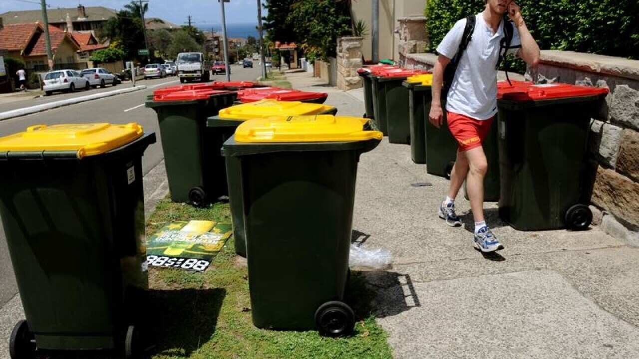 Recycling bins sit with general waste bins on the roadside