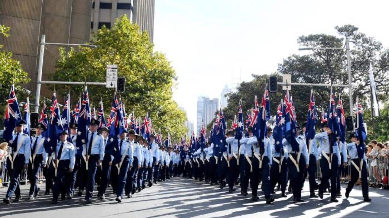 Flag bearers take part in ANZAC Day March Syd 2017