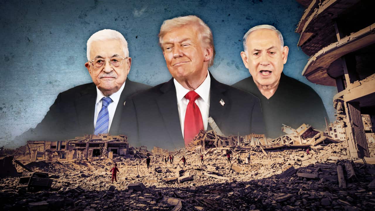 Mahmoud Abbas, Donald Trump and Benjamin Netanyahu are edited onto a scene of rubble and destruction in Gaza.