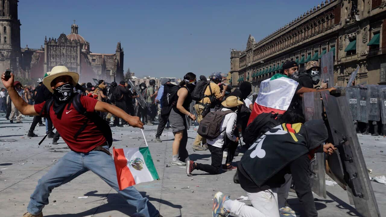 Members of Generation Z in Mexico City, Mexico, on November 15, 2025, clash with police in the Zocalo, the city's main square, protesting violence in Mexico and the assassination of Michoacan Mayor Carlos Manzo