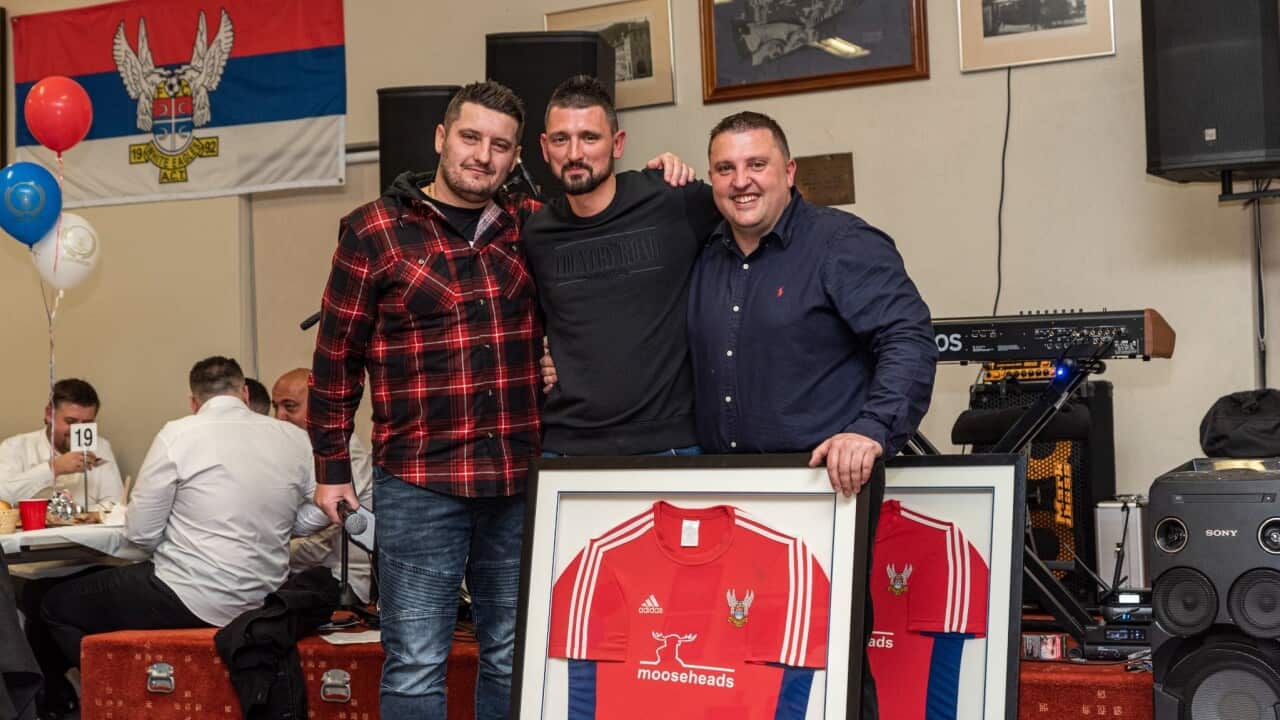Canberra White Eagles FC president Dejan Jovanovic, captain Dejan Santrac and the club's Treasurer Dejan Petrovic