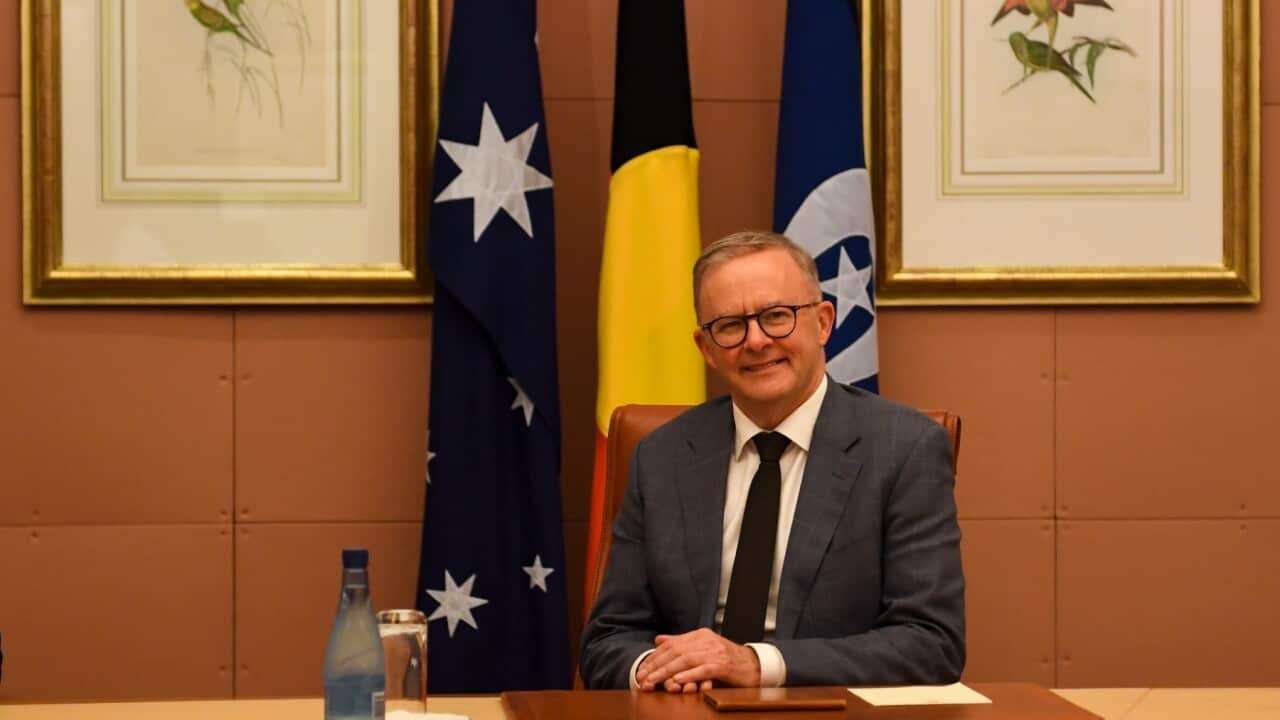 Australian Prime Minister Anthony Albanese is seen during a meeting with Treasury Secretary Steven Kennedy at Parliament House in Canberra, Monday, May 30, 2022.