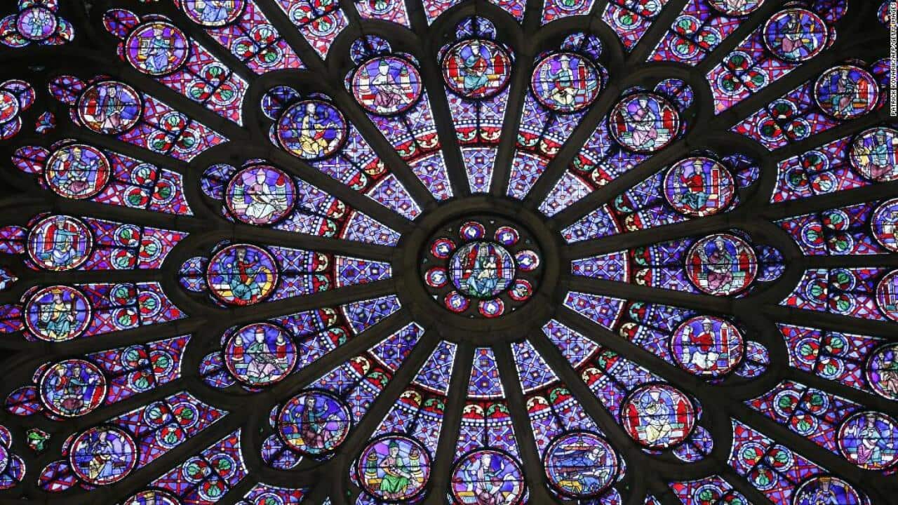 The stained glass on the northern side of the Notre Dame cathedral in Paris.